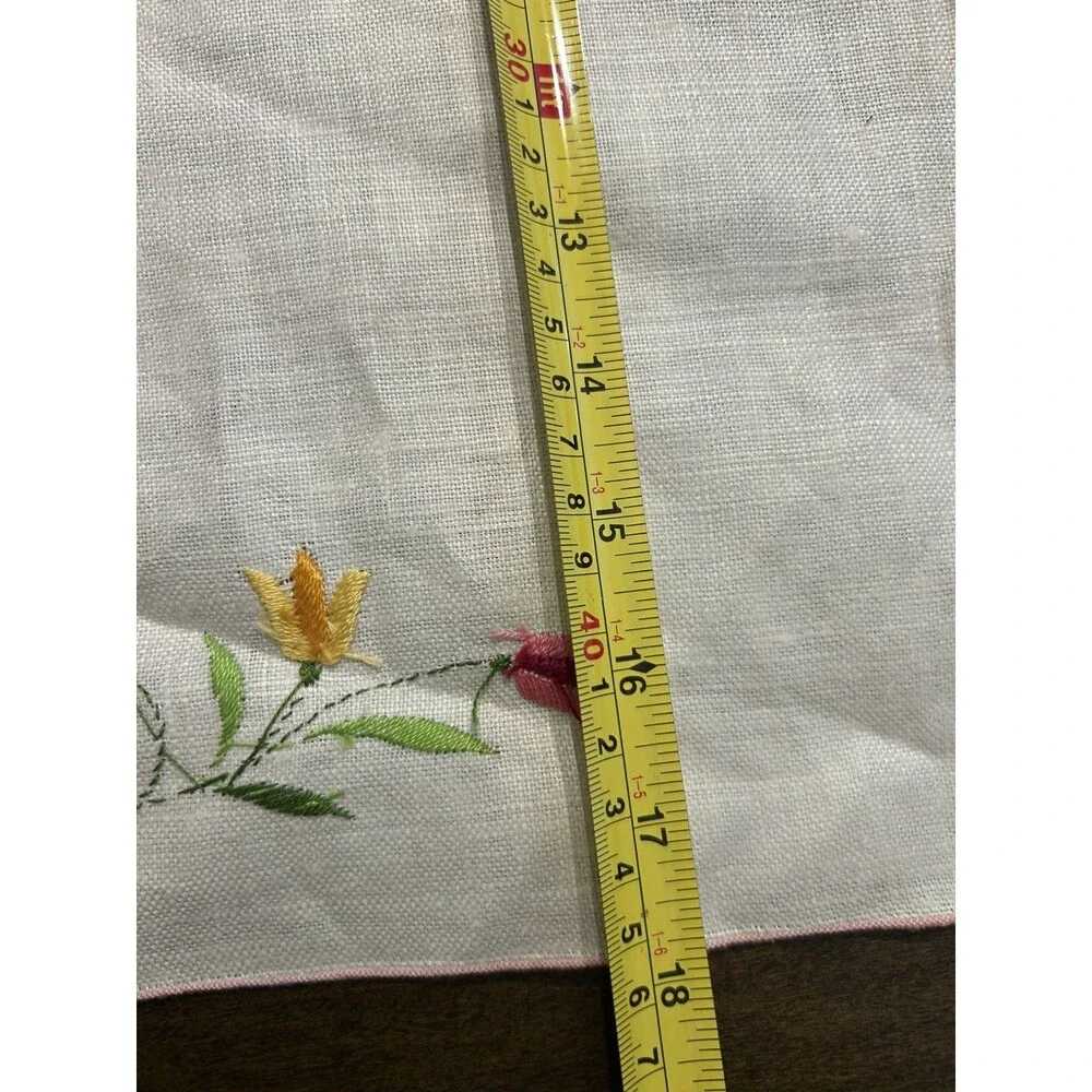 Pair Of Linen Napkins Floral Vine Design Embroidered Pink Edge Cottagecore